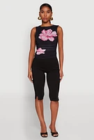 Womens Iris Mesh Floral Print Ruched Crop Top, Multi, Size L