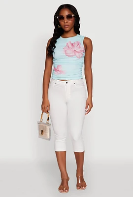 Womens Iris Mesh Floral Print Ruched Crop Top, Blue, Size M