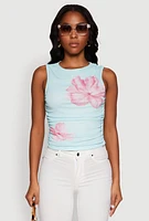 Womens Iris Mesh Floral Print Ruched Crop Top, Blue, Size M