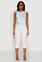 Womens Iris Mesh Floral Print Ruched Crop Top, Blue, Size M