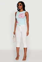 Womens Iris Mesh Floral Print Ruched Crop Top, Blue, Size M