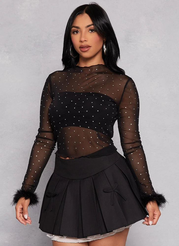 Womens Feather Long Sleeve Rhinestone Mesh Crop Top, Black, Size S