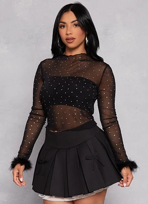 Womens Feather Long Sleeve Rhinestone Mesh Crop Top, Black, Size S