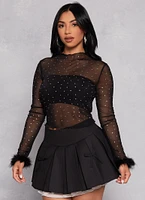 Womens Feather Long Sleeve Rhinestone Mesh Crop Top, Black, Size S