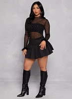 Womens Feather Long Sleeve Rhinestone Mesh Crop Top, Black, Size S
