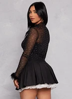 Womens Feather Long Sleeve Rhinestone Mesh Crop Top, Black, Size S