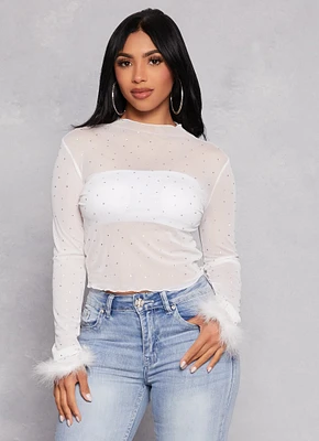 Womens Feather Long Sleeve Rhinestone Mesh Crop Top, White, Size M