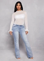 Womens Feather Long Sleeve Rhinestone Mesh Crop Top, White, Size M