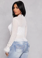 Womens Feather Long Sleeve Rhinestone Mesh Crop Top, White, Size S