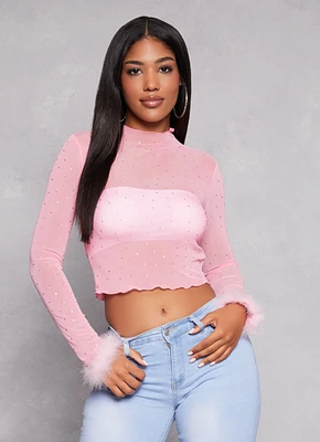 Womens Feather Long Sleeve Rhinestone Mesh Crop Top, Pink, Size S