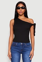 Womens Textured Knit Tie Strap One Shoulder Top, Black, Size S