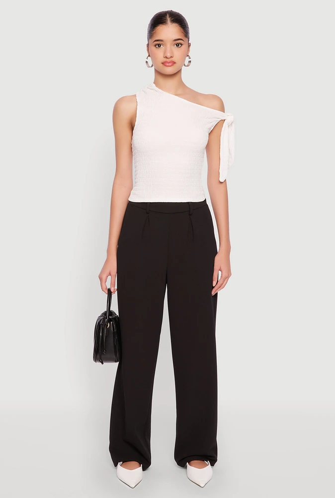 Womens Textured Knit Tie Strap One Shoulder Top, White, Size S
