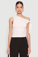 Womens Textured Knit Tie Strap One Shoulder Top, White, Size S