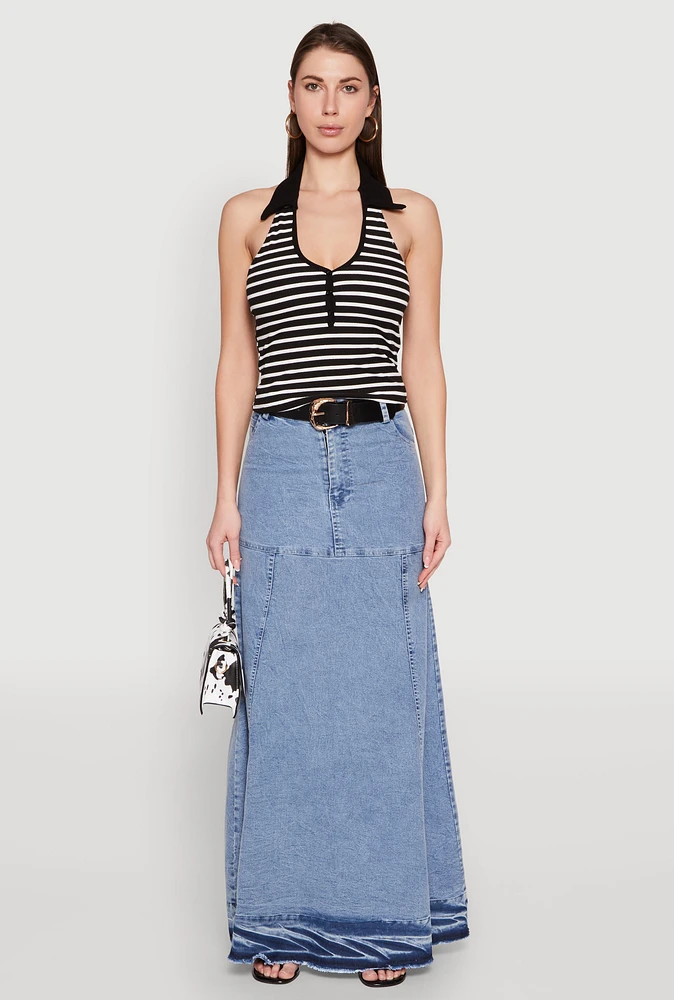 Womens Striped Halter Crop Top, Black, Size S
