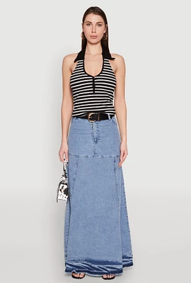 Womens Striped Halter Crop Top, Black, Size S