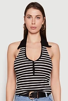 Womens Striped Halter Crop Top, Black, Size S