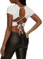 Womens Solid Open Lace Up Back Crop Top, White, Size M
