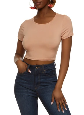 Womens Solid Open Lace Up Back Crop Top, Beige, Size L