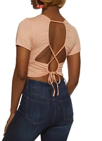 Womens Solid Open Lace Up Back Crop Top, Beige, Size L