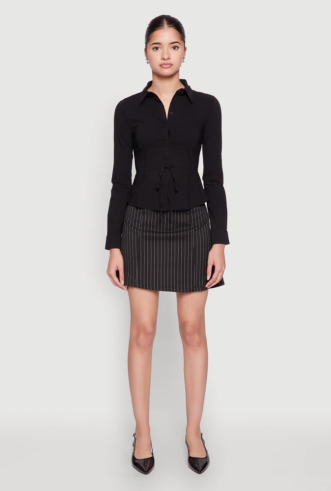 Womens Iris Tie Waist Button Front Shirt, Black, Size L
