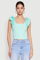 Womens Iris Ruffle Trim Scoop Neck Crop Top, Green, Size L