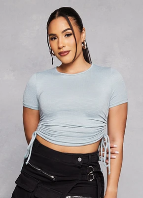 Womens Ruched Side Tie Cropped Tee, Grey, Size L