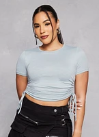 Womens Ruched Side Tie Cropped Tee, Grey, Size L