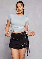 Womens Ruched Side Tie Cropped Tee, Grey, Size L