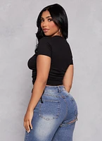 Womens Solid Crew Neck Ruched Side Crop Top, Black, Size S