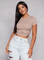 Womens Solid Crew Neck Ruched Side Crop Top, Pink, Size M