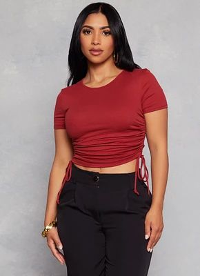 Womens Solid Crew Neck Ruched Side Crop Top, Red, Size S