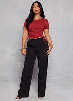 Womens Solid Crew Neck Ruched Side Crop Top, Red, Size S