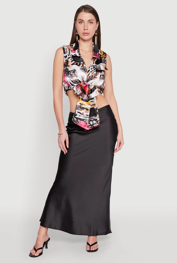 Womens Satin Printed Pattern Tie Front Blouse, Multi, Size L