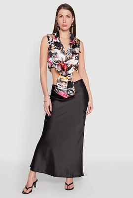 Womens Satin Printed Pattern Tie Front Blouse, Multi, Size L