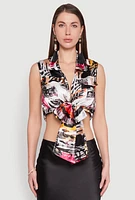 Womens Satin Printed Pattern Tie Front Blouse, Multi, Size L