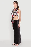 Womens Satin Printed Pattern Tie Front Blouse, Multi, Size L
