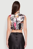 Womens Satin Printed Pattern Tie Front Blouse, Multi, Size L