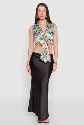 Womens Satin Printed Pattern Tie Front Blouse, Multi, Size S