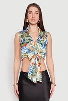 Womens Satin Printed Pattern Tie Front Blouse, Multi, Size S