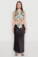 Womens Satin Printed Pattern Tie Front Blouse, Multi, Size S