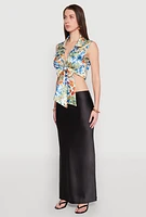 Womens Satin Printed Pattern Tie Front Blouse, Multi, Size S