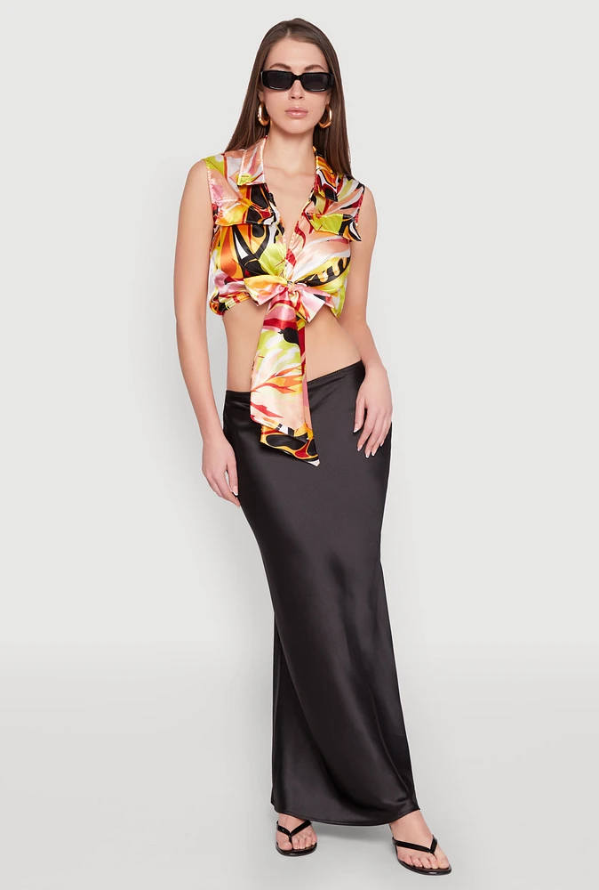 Womens Satin Printed Pattern Tie Front Blouse, Multi,