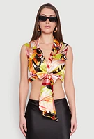 Womens Satin Printed Pattern Tie Front Blouse, Multi,