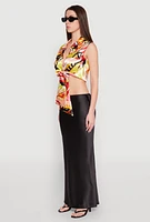 Womens Satin Printed Pattern Tie Front Blouse, Multi,