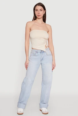Womens Chic Tube Top with Ruching and Asymmetrical Design, Beige, Size XL