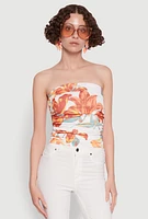 Womens Floral Print Ruched Tube Top, Multi,