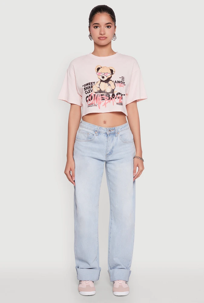 Womens Comeback Bear Graphic Cropped Tee, Pink, Size M