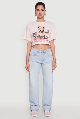Womens Comeback Bear Graphic Cropped Tee, Pink,