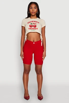 Womens Delicious Cherries Graphic Drawstring Hem Cropped Tee, Beige, Size L