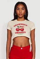 Womens Delicious Cherries Graphic Drawstring Hem Cropped Tee, Beige, Size L